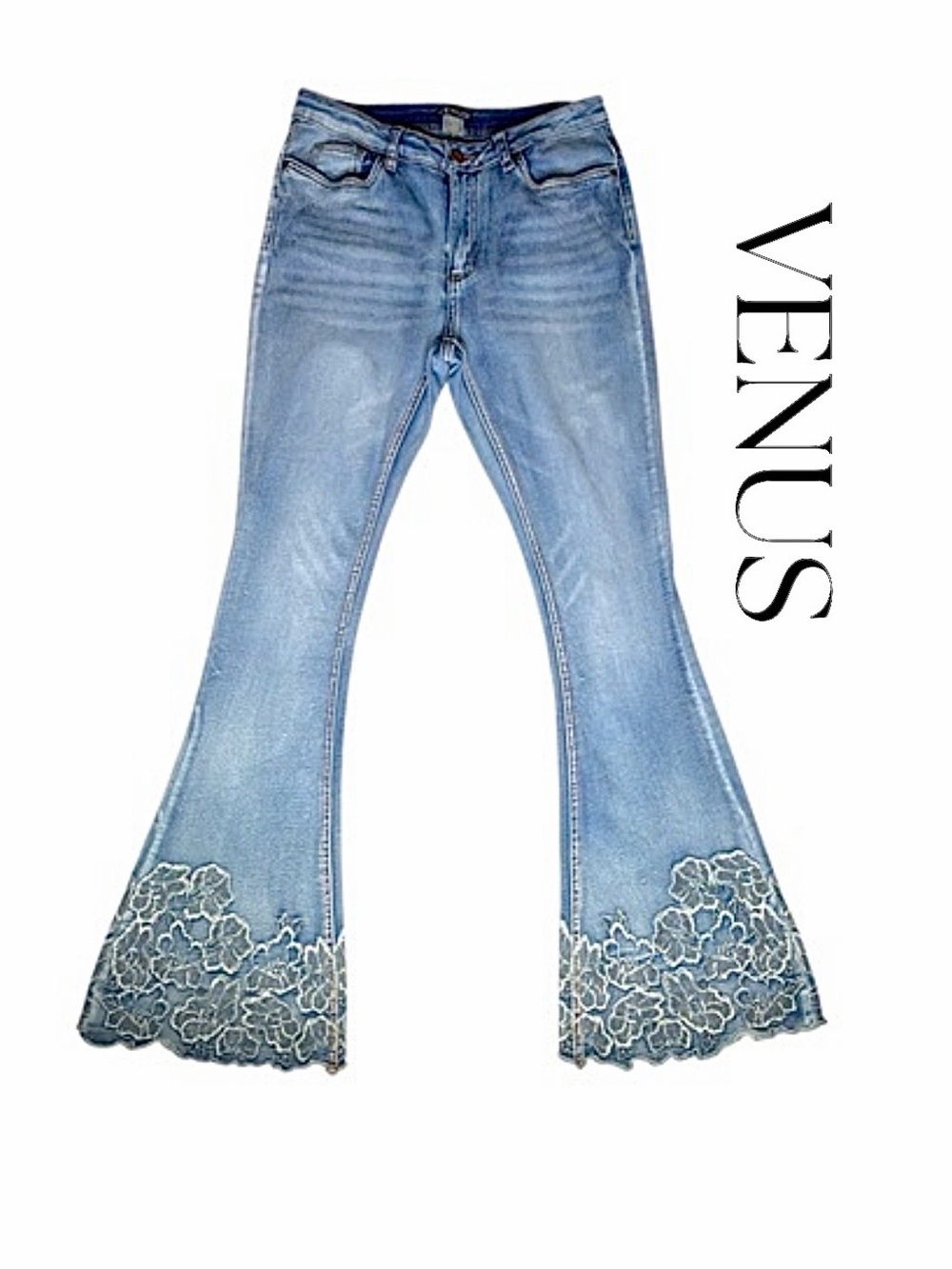 Venus Deja Embroidered Flare Jeans Womens sz 10 Boho Lace Detail Medium Wash EUC